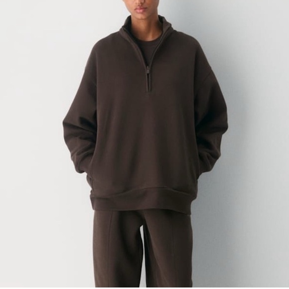 NWT Skims Boyfriend Fleece Espresso Brown Half-Zip Pullover Sweatshirt Small - Picture 1 of 8